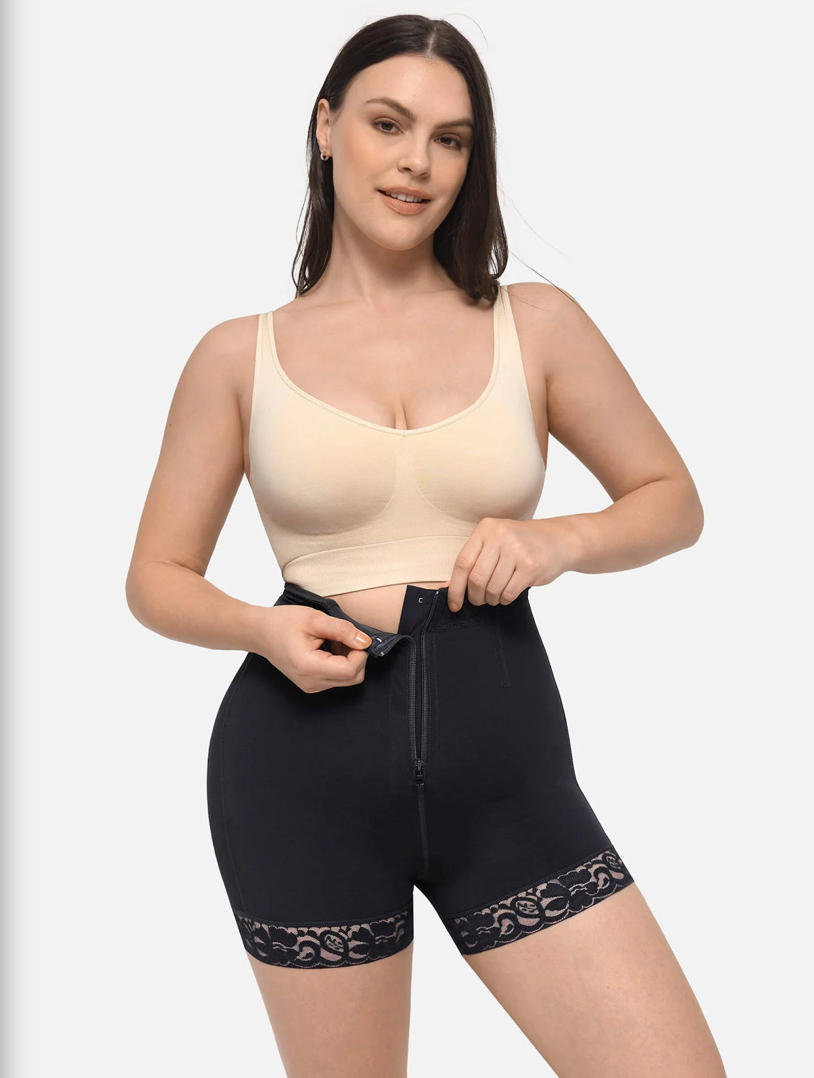 Curveness™ High Waist Zipper Sculpting & Hip Lift Lace Shorts